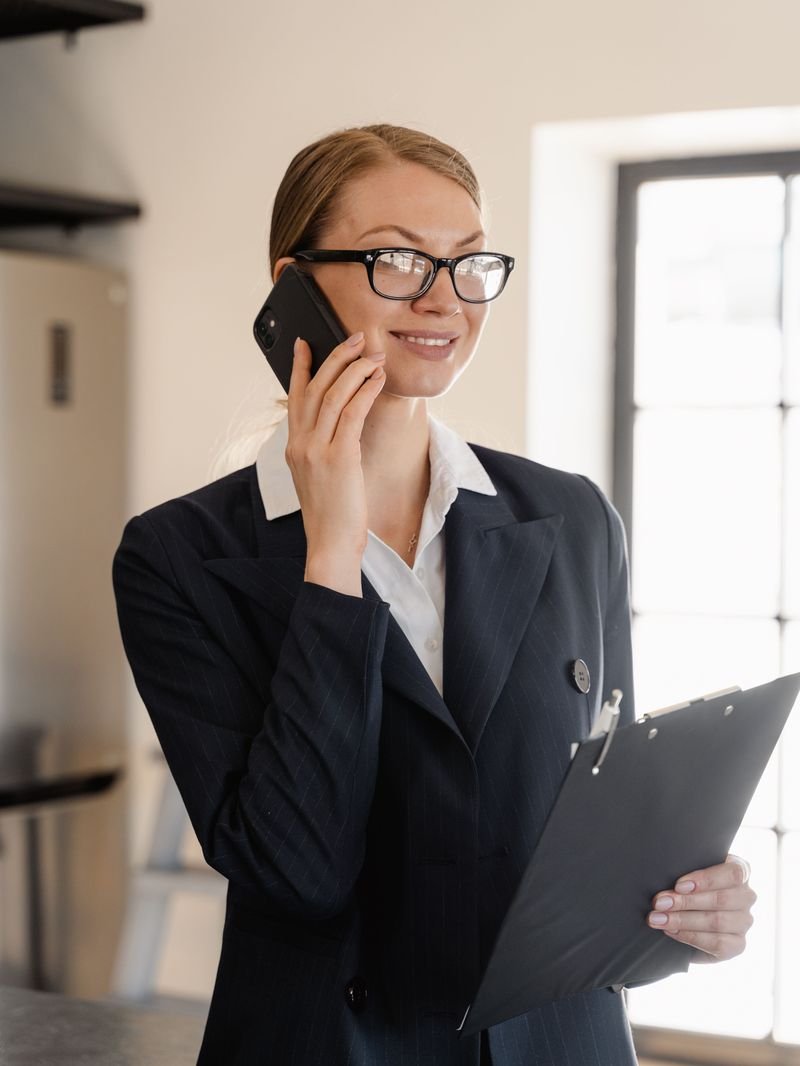 Asesora inmobiliaria coordinando una gestión por teléfono